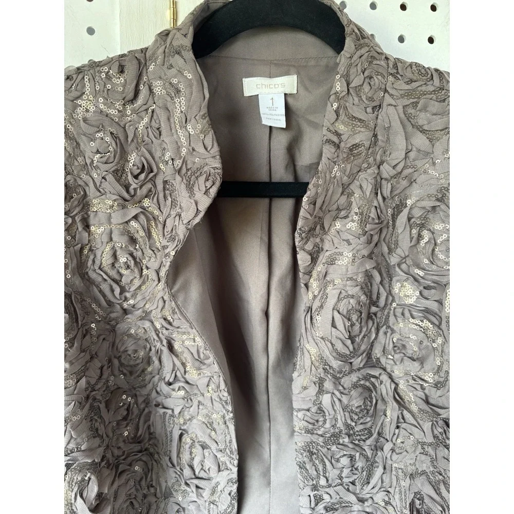 Chico's Embellished‎ Sequin Blazer Brown Taupe Open Front Size 1 (M 8/10)